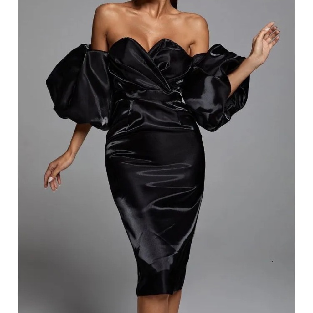Beulah Style Black Off Shoulder Satin Midi Dress Puff Sleeves